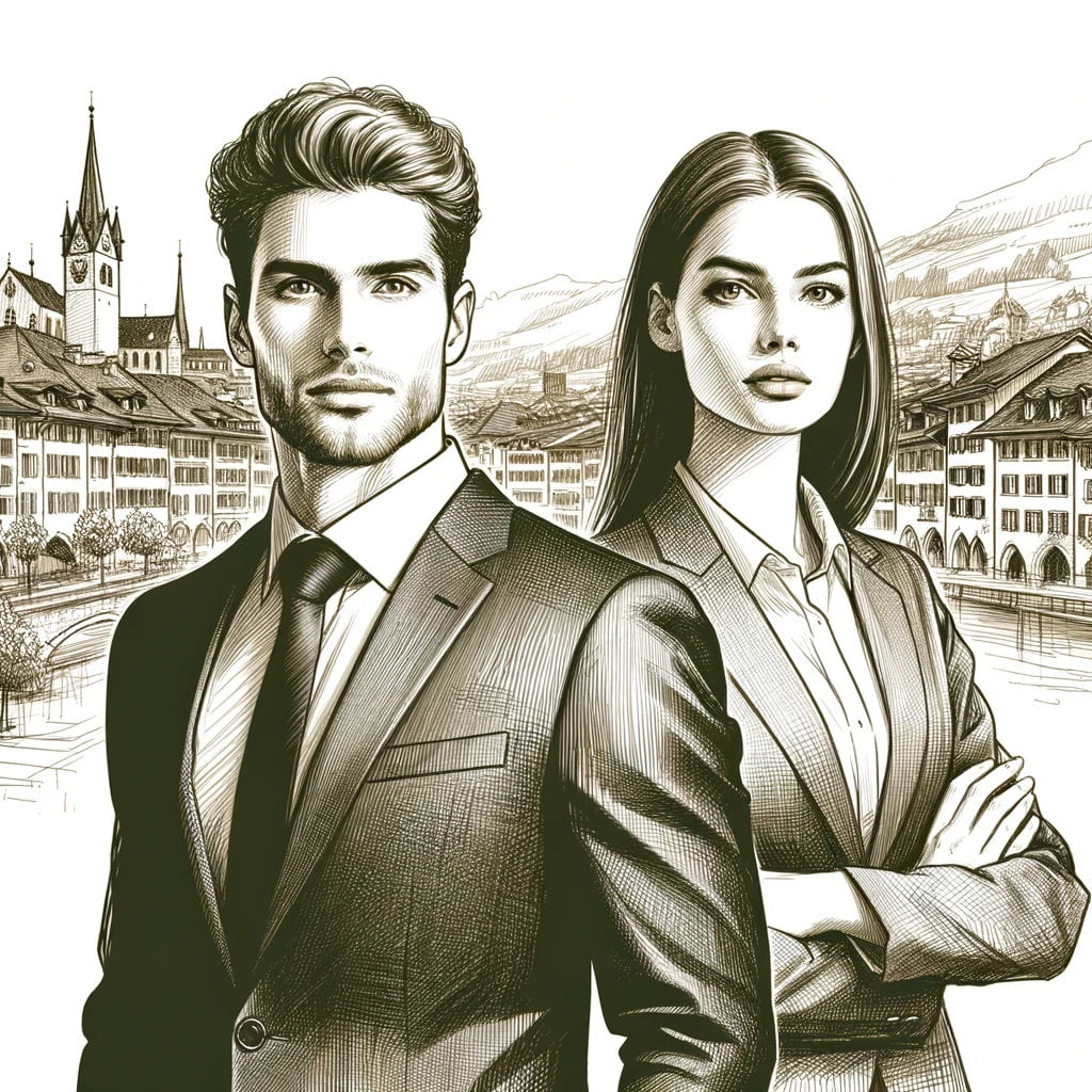 Sketch illustration of a 35-year-old businessman and businesswoman standing side by side, looking forward towards the viewer. They are dressed in smart business attire, with the Old Town of Chur, Switzerland, finely detailed in the background.